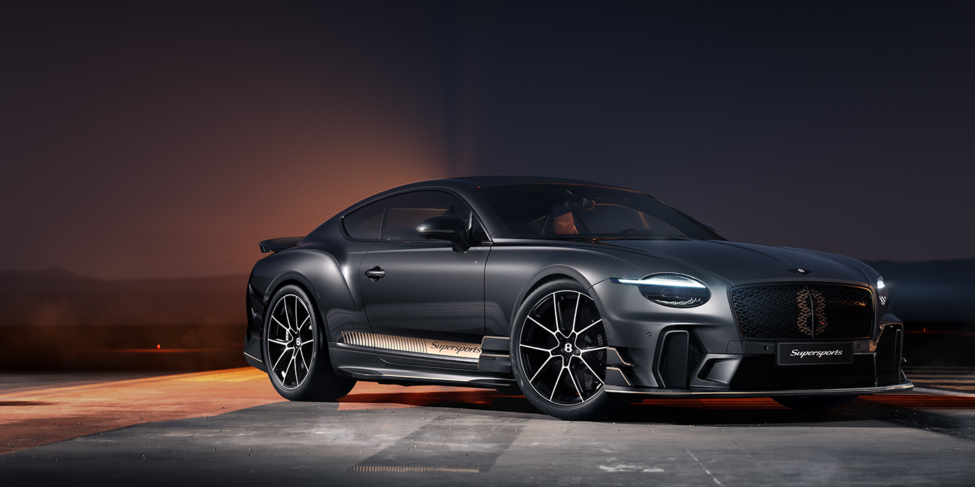 Thomas Exclusive Cars GmbH Bentley Supersports front three quarter in "Nightfall" Design theme with Anthracite gloss exterior paint, Camel accents and Camel and Beluga black striping.