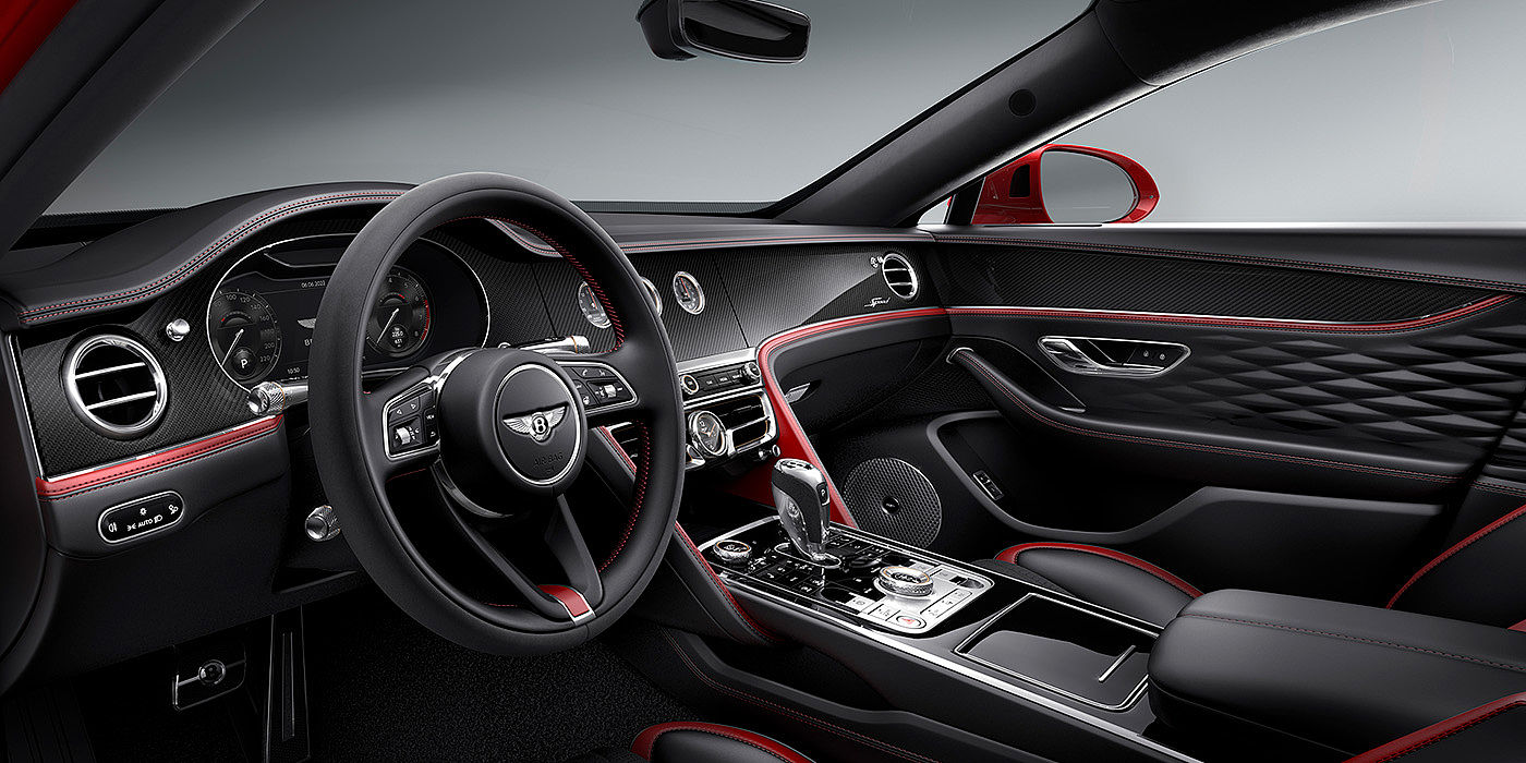 Thomas Exclusive Cars GmbH Bentley Flying Spur Speed sedan front interior in Beluga black and Cricket Ball red hide