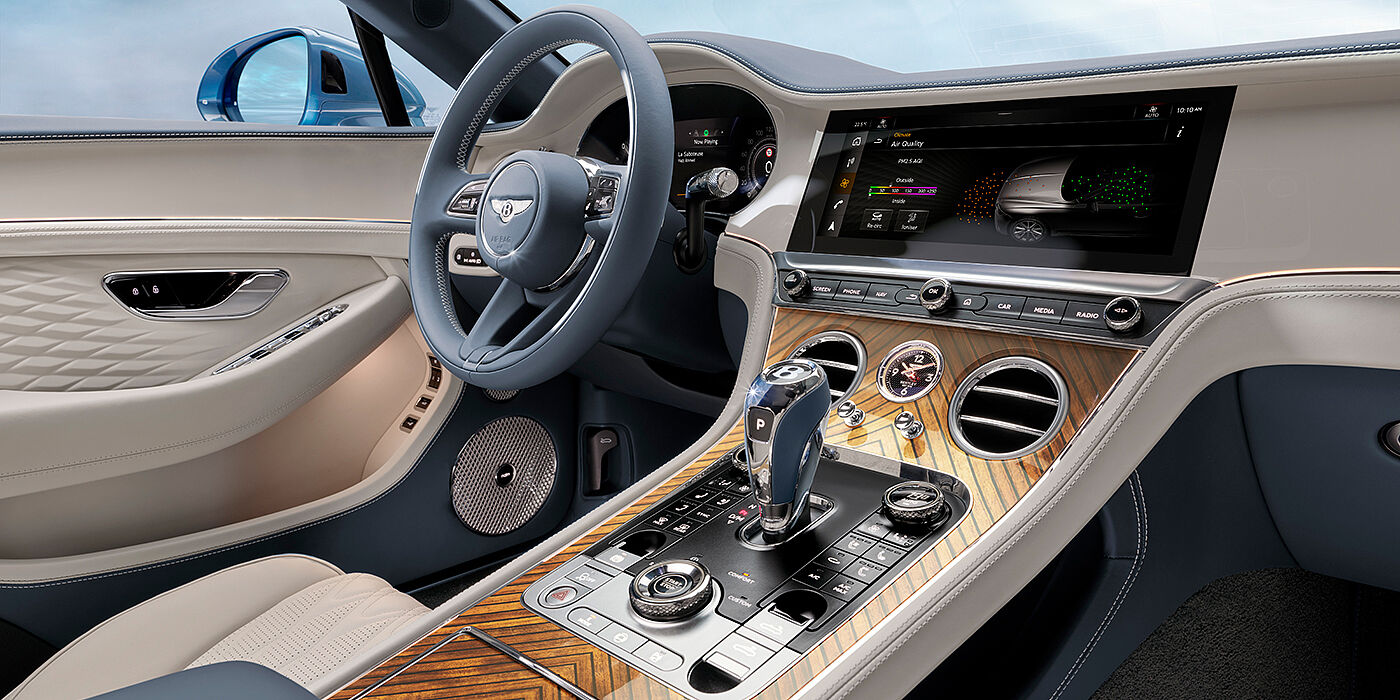 Thomas Exclusive Cars GmbH New Bentley Continental GTC Azure convertible interior front cabin view with Linen and Brunel hides and Piano Linen by Mulliner veneer featuring centre console and centre MMI screen