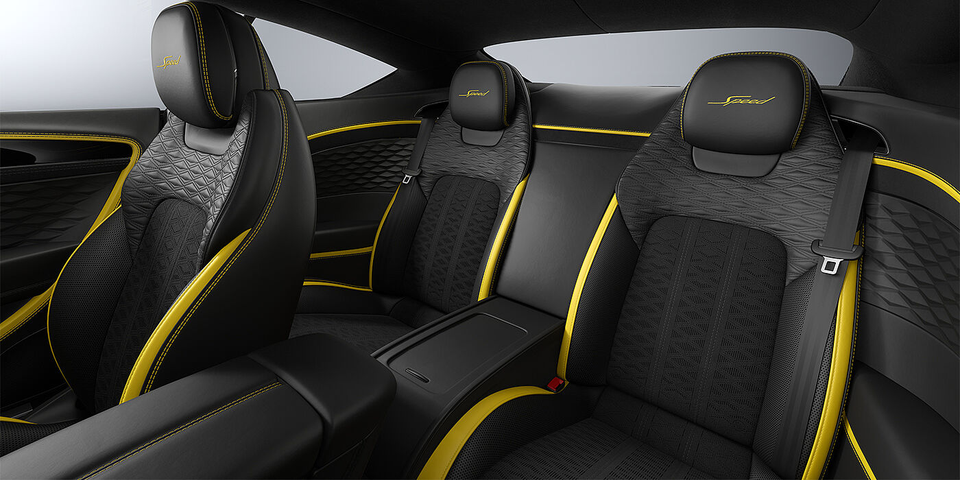 Thomas Exclusive Cars GmbH Bentley Continental GT Speed coupe rear interior in Cyber yellow and Beluga black hides