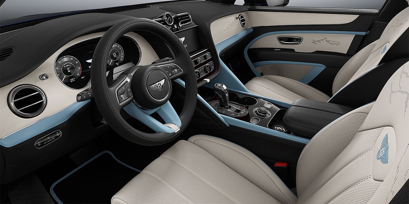 Thomas Exclusive Cars GmbH Bentley Bentayga Artenara Edition SUV front cabin in Linen and Beluga Black hides with Light Blue accents and Piano Linen veneer