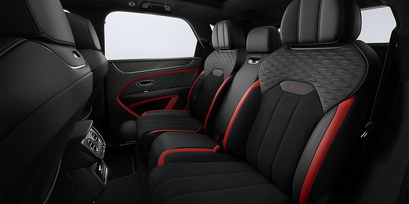 Thomas Exclusive Cars GmbH Bentley Bentayga Speed SUV rear interior in Pillar Box Red and Beluga black hides and Speed seat stitching