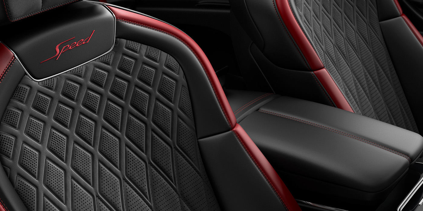 Thomas Exclusive Cars GmbH Bentley Flying Spur Speed sedan seat stitching detail in Beluga black and Cricket Ball red hide