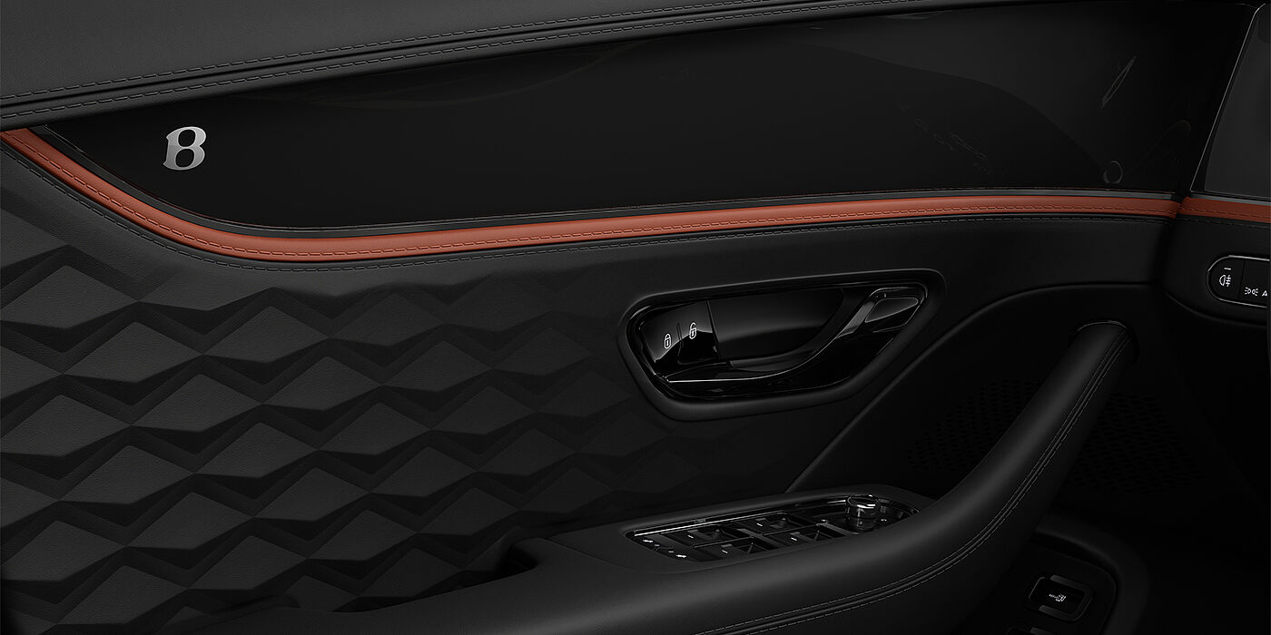 Thomas Exclusive Cars GmbH New Bentley Flying Spur Mulliner sedan door interior in Porland and Beluga black hides
