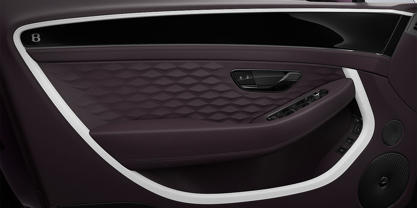 Thomas Exclusive Cars GmbH Bentley Continental GT Mulliner coupe door detail in Beluga black and Damson hides with white accent hide