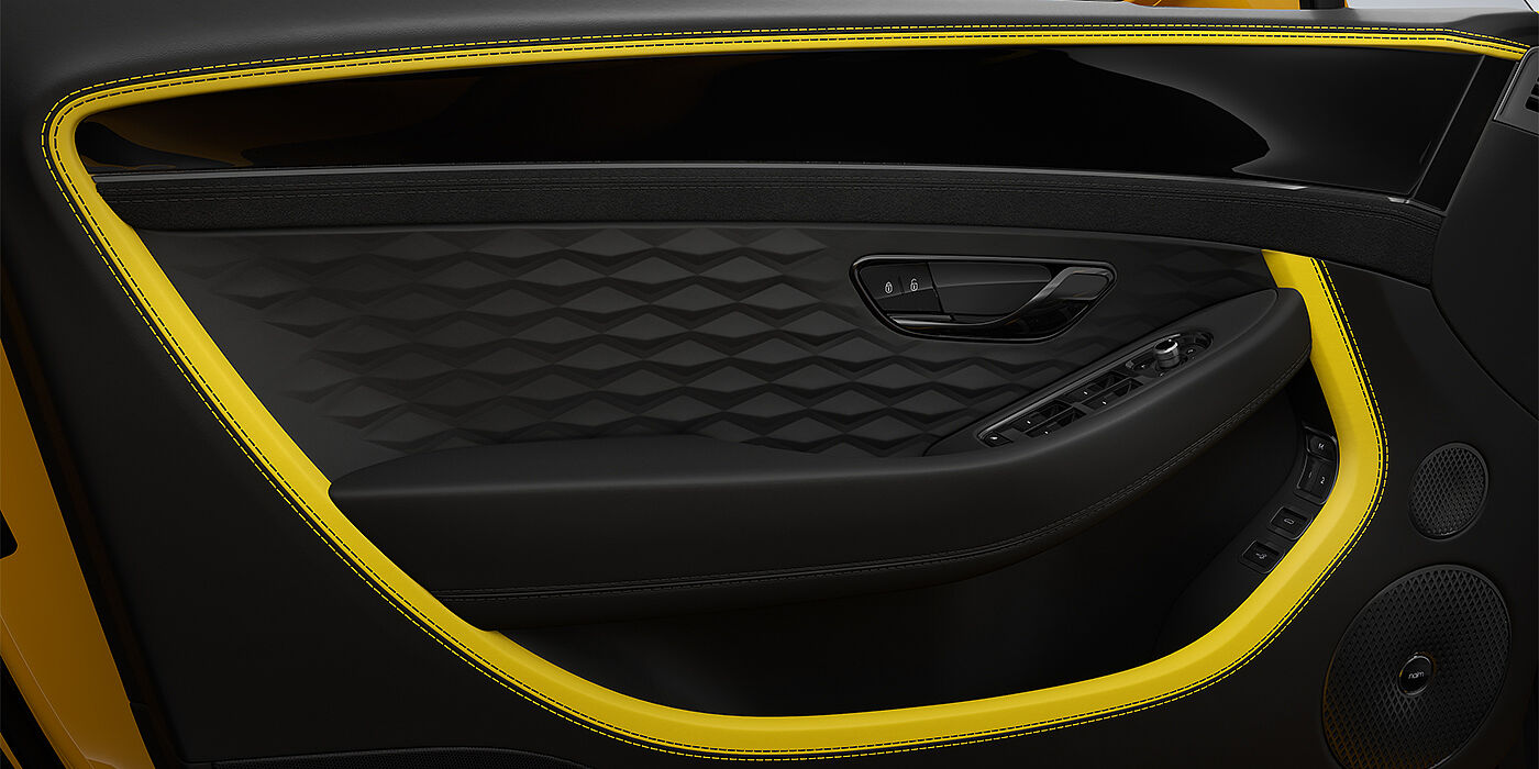 Thomas Exclusive Cars GmbH Bentley Continental GT Speed coupe door detail in Cyber yellow and Beluga black hides