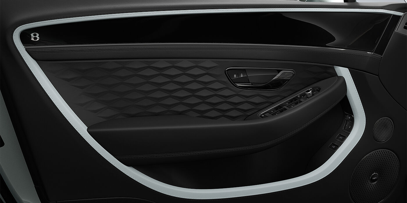 Thomas Exclusive Cars GmbH Bentley Continental GTC Mulliner convertible door detail in Linen and Beluga black hides with Breeze accent hide