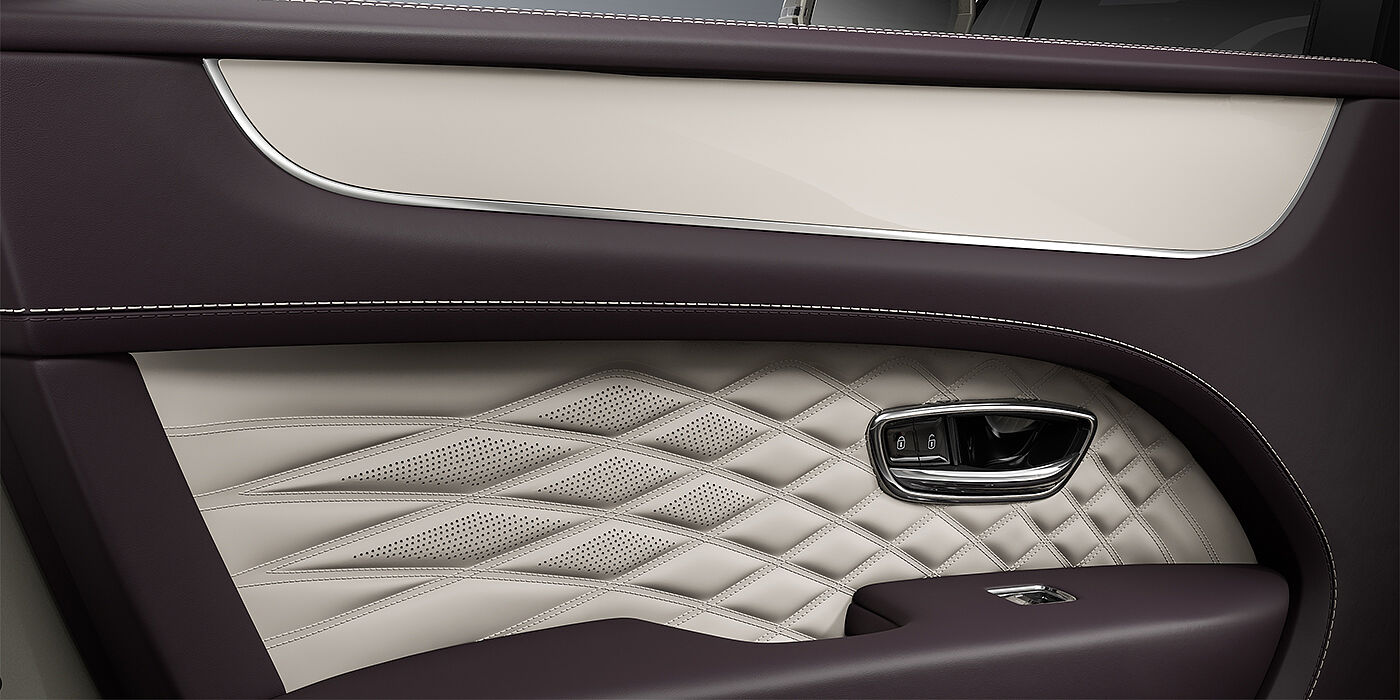 Thomas Exclusive Cars GmbH Bentley Bentayga EWB Azure SUV door interior detail in Linen and Damson hides with Piano Linen veneer