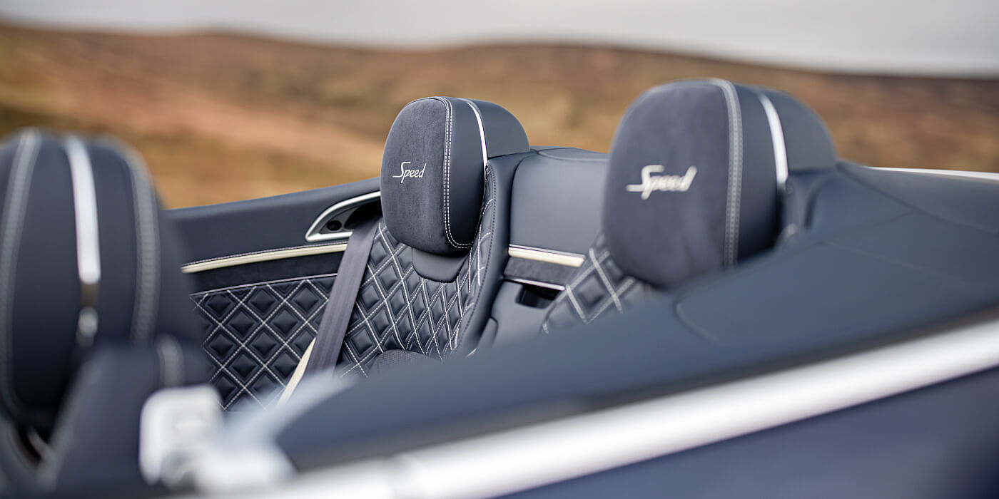 Thomas Exclusive Cars GmbH Bentley Continental GTC Speed convertible rear interior in Imperial Blue and Linen hide