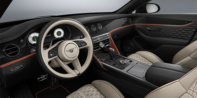 Thomas Exclusive Cars GmbH New Bentley Flying Spur Mulliner sedan front interior in Portland and Beluga Black hides with Grand Black veneer