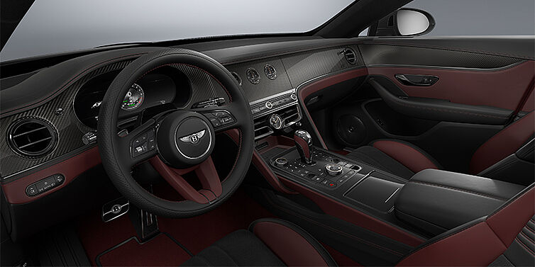 Thomas Exclusive Cars GmbH New Bentley Flying Spur S sedan front interior in Cricket Ball red  and Beluga Black hides with Diamond Brushed Dark Tint Aluminium veneer