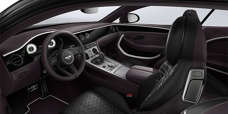 Thomas Exclusive Cars GmbH Bentley Continental GT Mulliner coupe front interior in Beluga black and Damson hides with white accent hide