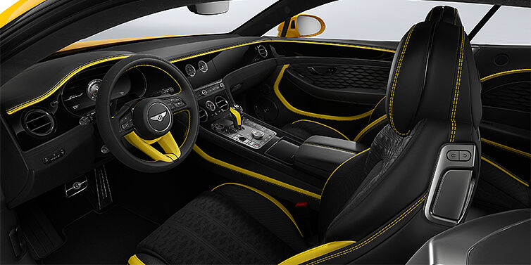 Thomas Exclusive Cars GmbH Bentley Continental GT Speed coupe front interior in Cyber yellow and Beluga black hides