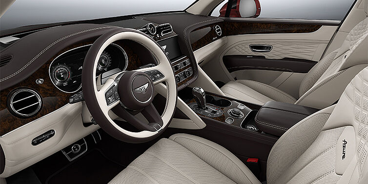 Thomas Exclusive Cars GmbH Bentley Bentayga EWB Azure SUV front interior in Linen and Burnt Oak hides with Dark Stained Burr Walnut veneer