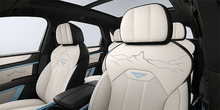 Thomas Exclusive Cars GmbH Bentley Bentayga Artenara Edition SUV front seats in Linen and Beluga Black hides with Light Blue accents and Artenara stitch detail