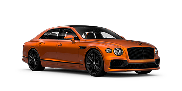 Thomas Exclusive Cars GmbH Bentley Flying Spur Speed front side angled view in Orange Flame coloured exterior. 