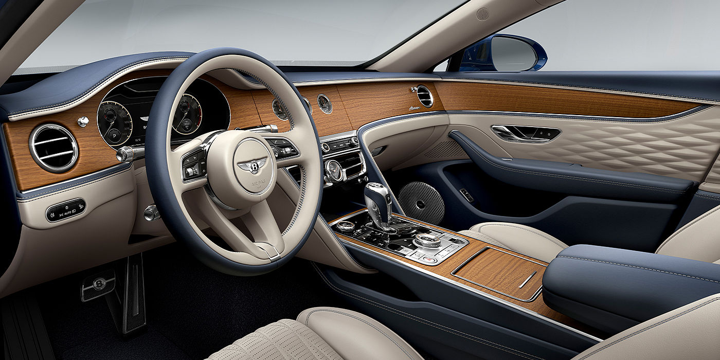 Thomas Exclusive Cars GmbH Bentley Flying Spur Azure sedan front interior in Imperial Blue and Linen hide