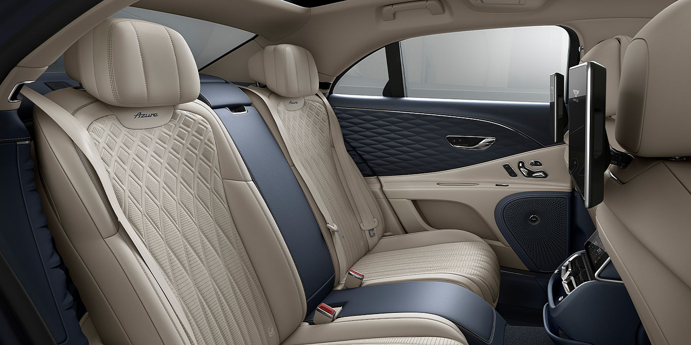 Thomas Exclusive Cars GmbH Bentley Flying Spur Azure sedan rear interior in Imperial Blue and Linen hide