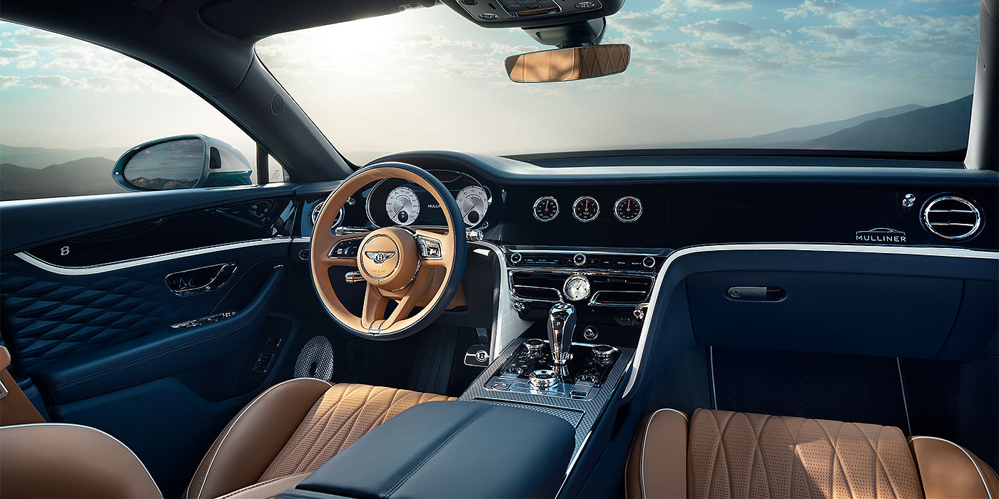 Thomas Exclusive Cars GmbH Bentley Flying Spur Mulliner sedan front interior in Camel and Imperial Blue hide