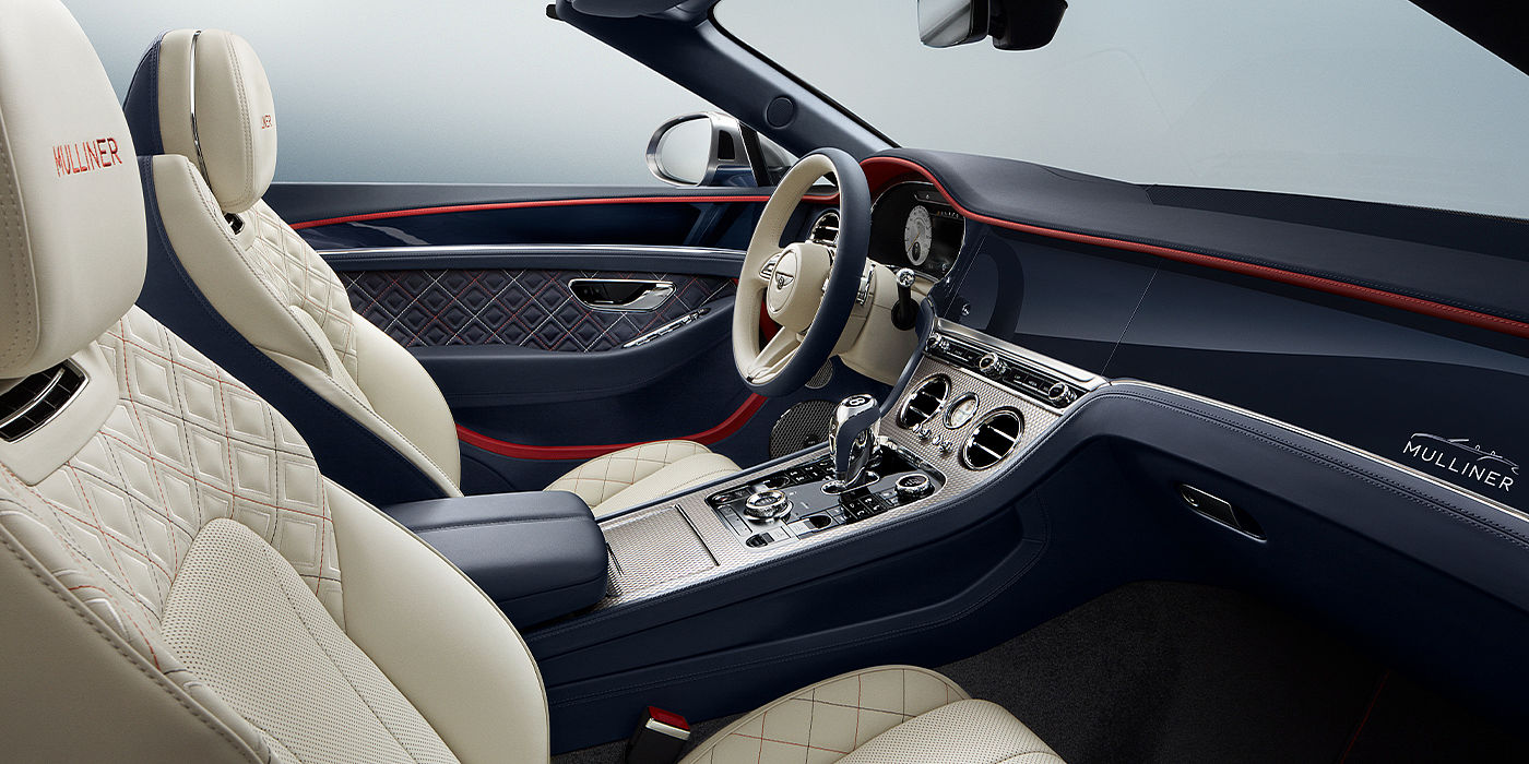 Thomas Exclusive Cars GmbH Bentley Continental GTC Mulliner convertible front interior in Imperial Blue and Linen hide