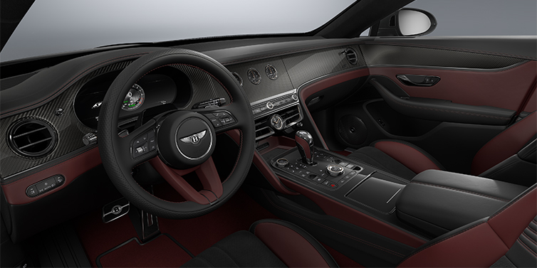 Thomas Exclusive Cars GmbH New Bentley Flying Spur S sedan front interior in Cricket Ball red  and Beluga Black hides with Diamond Brushed Dark Tint Aluminium veneer