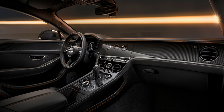 Thomas Exclusive Cars GmbH Bentley Continental GT Black Edition coupe front interior with Beluga black hide and High Gloss Carbon Fibre veneer