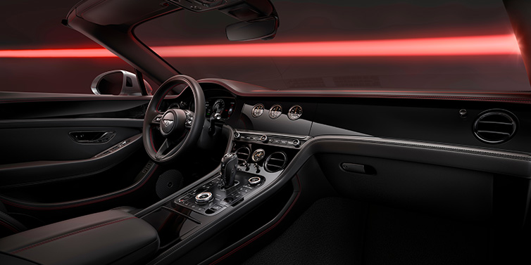 Thomas Exclusive Cars GmbH Bentley Continental GTC Black Edition convertible front interior with Beluga black hide and High Gloss Carbon Fibre veneer