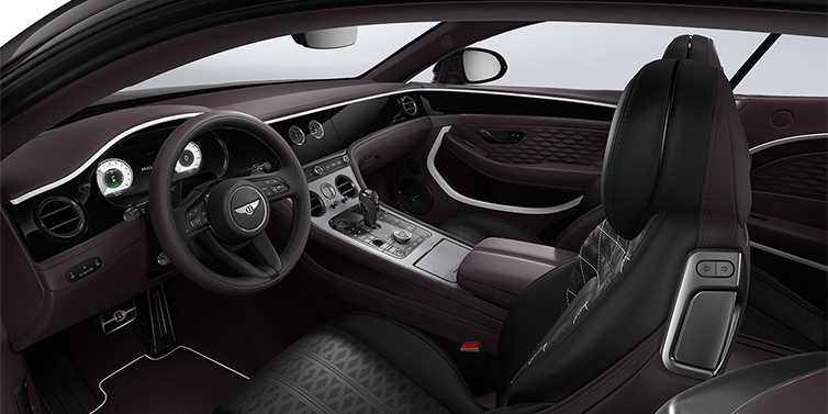 Thomas Exclusive Cars GmbH Bentley Continental GT Mulliner coupe front interior in Beluga black and Damson hides with white accent hide