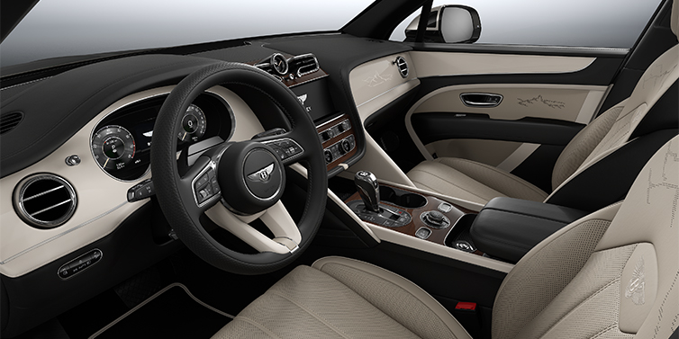 Thomas Exclusive Cars GmbH Bentayga EWB Artenara Edition SUV front interior in Portand and Beluga Black hides with Piano Linen veneer