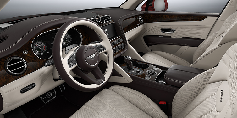 Thomas Exclusive Cars GmbH Bentley Bentayga EWB Azure SUV front interior in Linen and Burnt Oak hides with Dark Stained Burr Walnut veneer