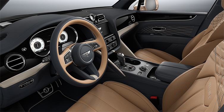 Thomas Exclusive Cars GmbH Bentley Bentayga EWB Mulliner SUV front interior in Camel and Brunel hides with Grand Black veneer and Aluminium console