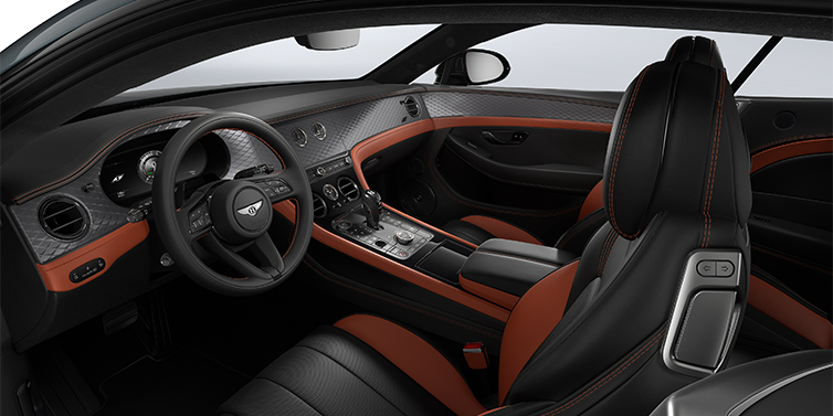Thomas Exclusive Cars GmbH Bentley Continental GT coupe front interior in Newmarket Tan and Beluga black hides with Diamond Brushed Dark Tint Aluminium veneer