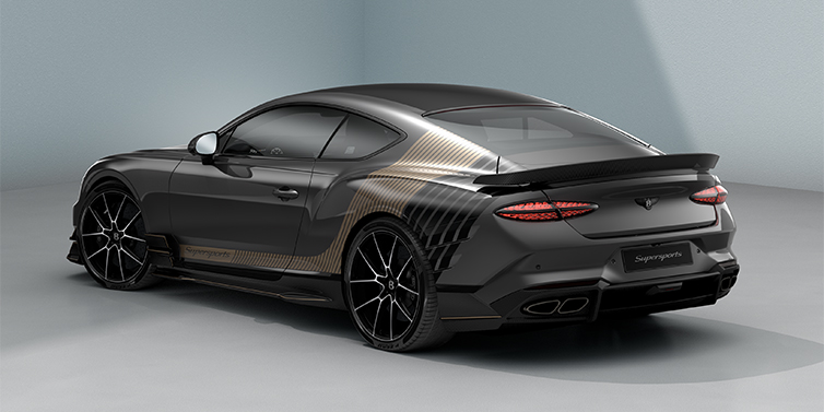 Thomas Exclusive Cars GmbH Bentley Supersports rear three quarter in "Nightfall Design theme with Anthracite paint and Beluga black and Camel brown paint stripes across the rear haunch.