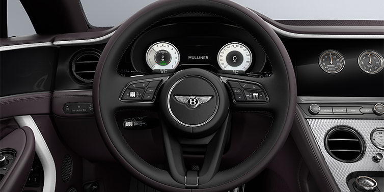 Thomas Exclusive Cars GmbH Bentley Continental GT Mulliner coupe steering wheel in Beluga black and Damson hides with white accent hide
