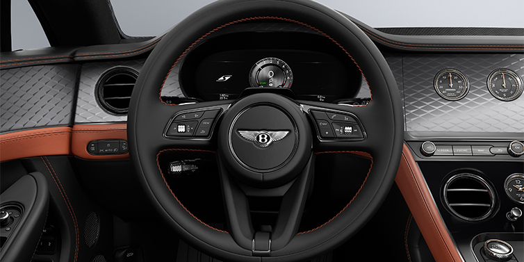 Thomas Exclusive Cars GmbH Bentley Continental GT coupe steering wheel and dash in Newmarket Tan and Beluga black hides with Diamond Brushed Dark Tint Aluminium veneer