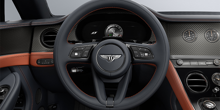 Thomas Exclusive Cars GmbH Bentley Continental GTC S convertible steering wheel and dash in Newmarket Tan and Beluga Black hides with Carbon Fibre veneer